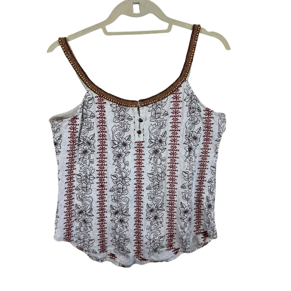 Lucky Brand Vintage Y2K 100% Cotton Gray Beaded Embroidered Scoop Neck Tank Sz M - Picture 2 of 6